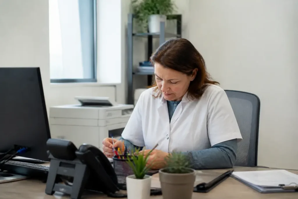 Femme en blouse blanche travaillant à un bureau avec ordinateur, téléphone et plantes vertes.