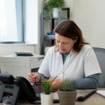 Femme en blouse blanche travaillant à un bureau avec ordinateur, téléphone et plantes vertes.