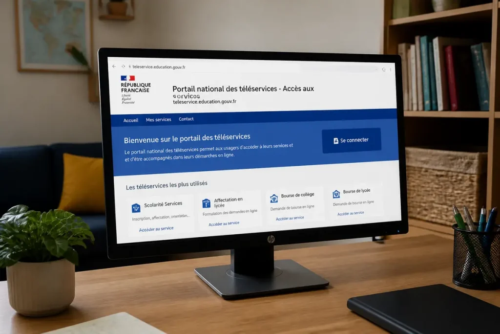 Ordinateur affichant le portail des téléservices de l'éducation nationale, accès aux services en ligne.