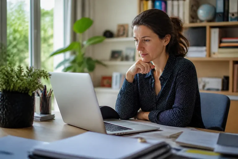 Femme concentrée travaillant sur ordinateur portable, à domicile, dans un environnement de bureau lumineux et organisé.